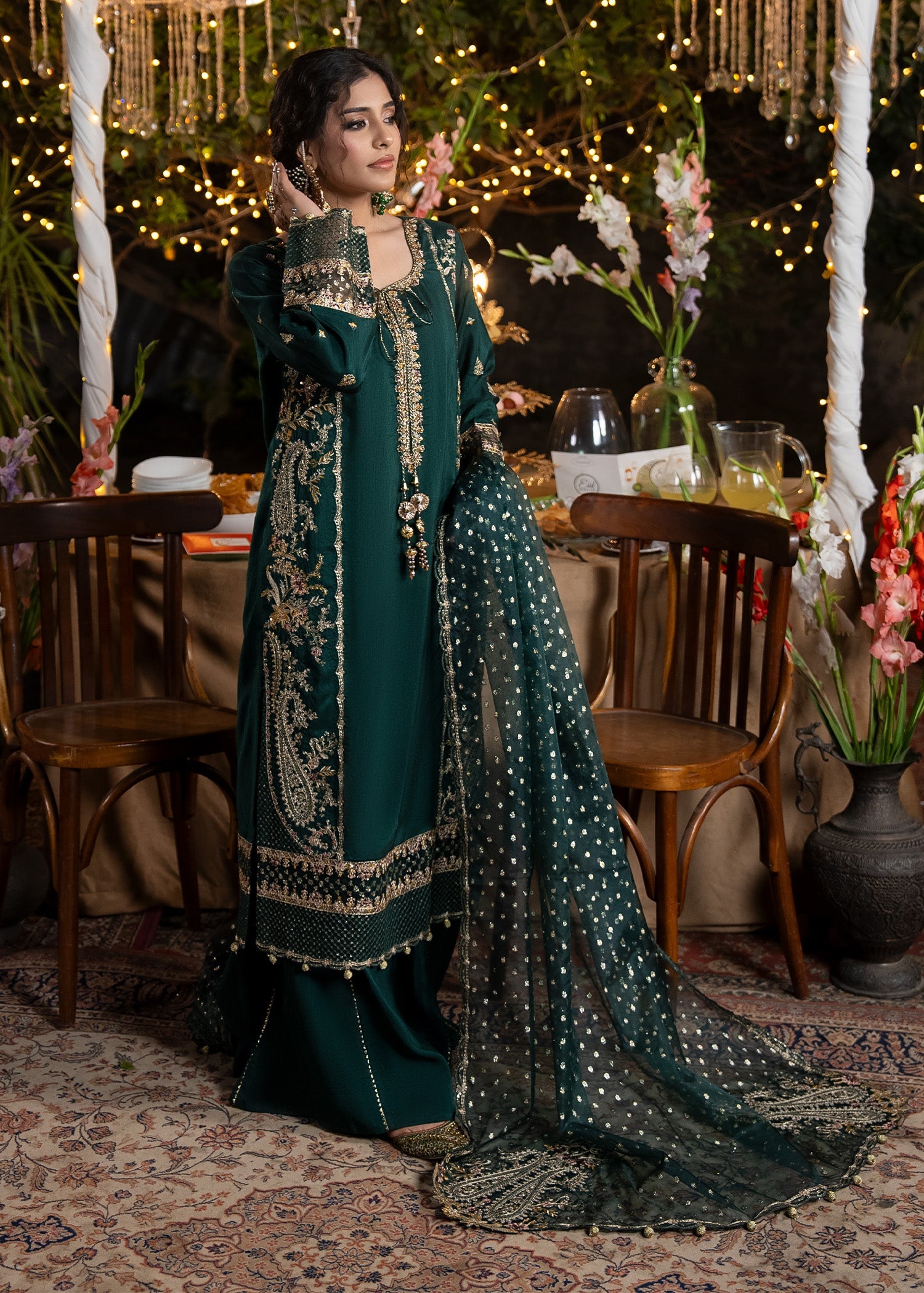 Green Embroidered 3 Piece Raw Silk Outfit Online in Dubai DXB UAE Abudhabi Meena Bazaar
