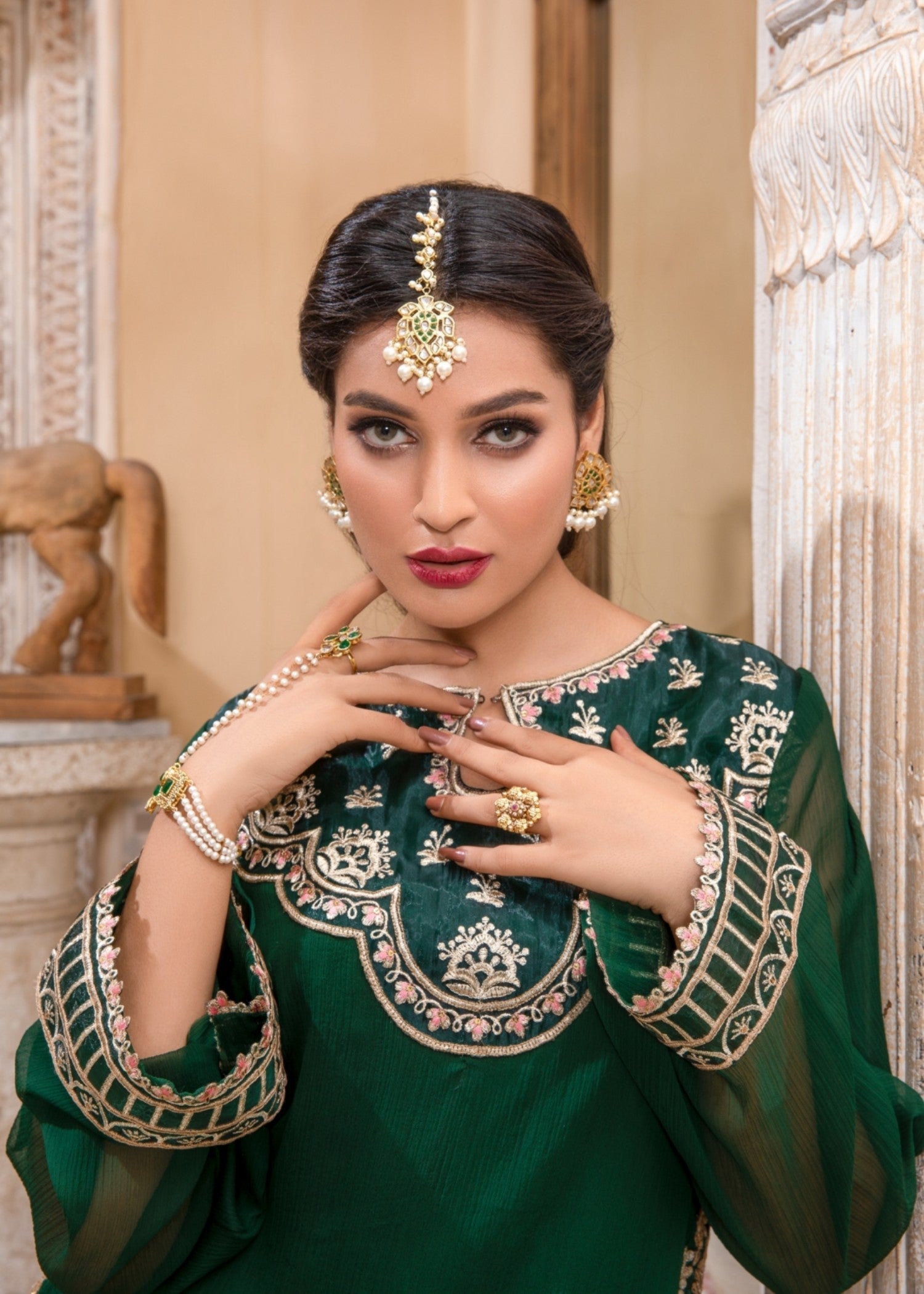 Green Embroidered Chiffon 3 Piece Outfit Online in Dubai DXB UAE Abudhabi Meena Bazaar