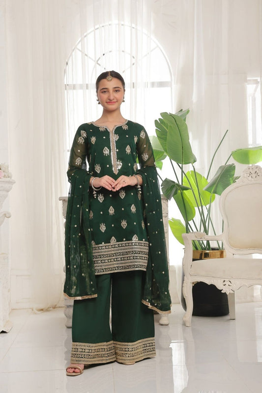 Green Embroidered Chiffon Festive Kurta Set Online in Dubai UAE Abudhabi Ajman Sharjah