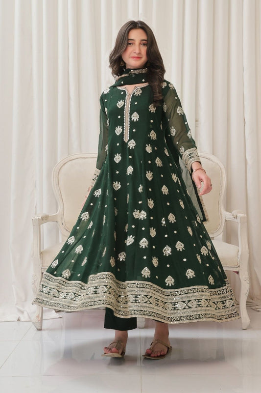 Green Embroidered Chiffon Festive Wear Suit Online in Dubai UAE Abudhabi Ajman Sharjah