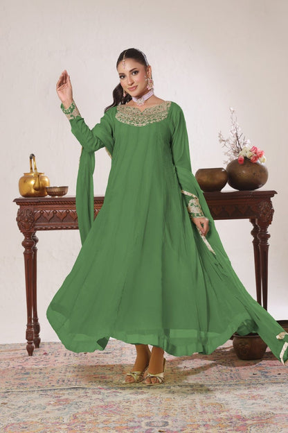 Green Embroidered Chiffon Flared Pishwas Party Wear Suit Online in Dubai UAE Abudhabi Ajman Sharjah