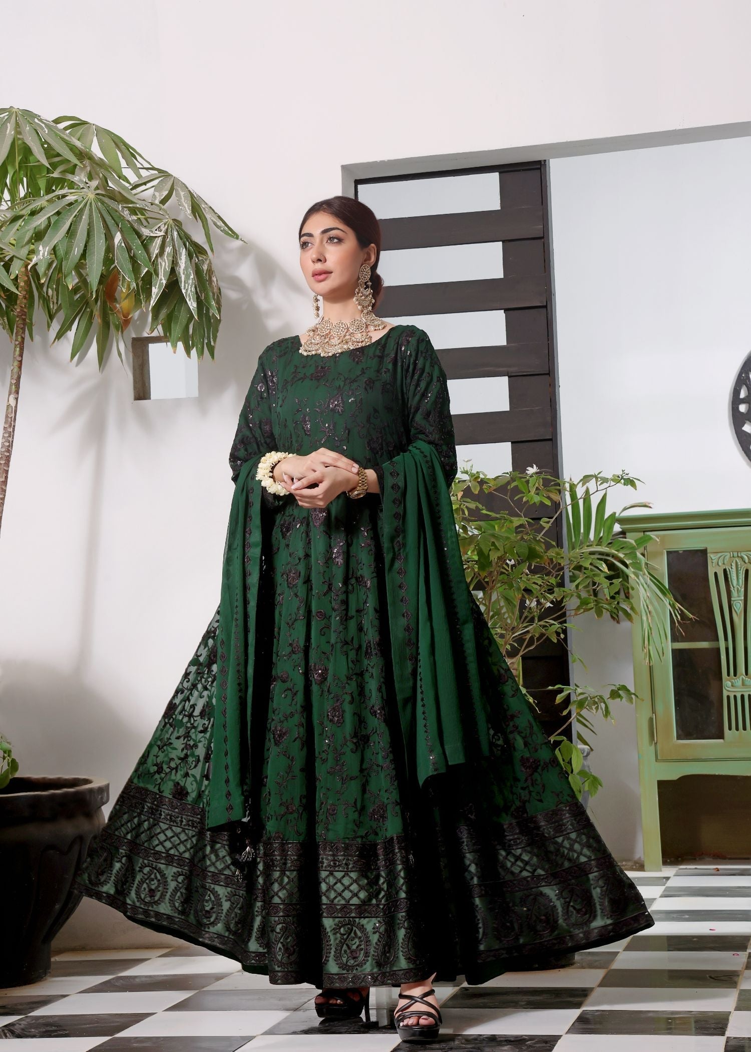 Green Embroidered Chiffon Formal Pishwas Suit Online in Sri Lanka India Australia