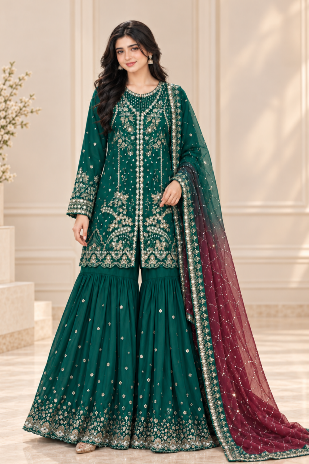 Green Embroidered Chiffon Gharara Online in Dubai UAE Abudhabi Ajman Sharjah