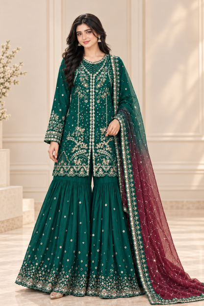 Green Embroidered Chiffon Gharara Online in Dubai UAE Abudhabi Ajman Sharjah