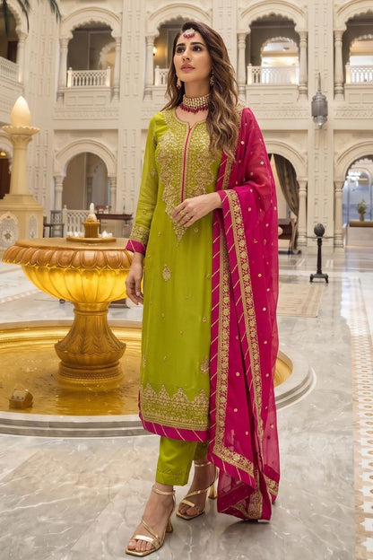 Green Embroidered Chiffon Pakistani Suit Online in Dubai UAE Abudhabi Ajman Sharjah