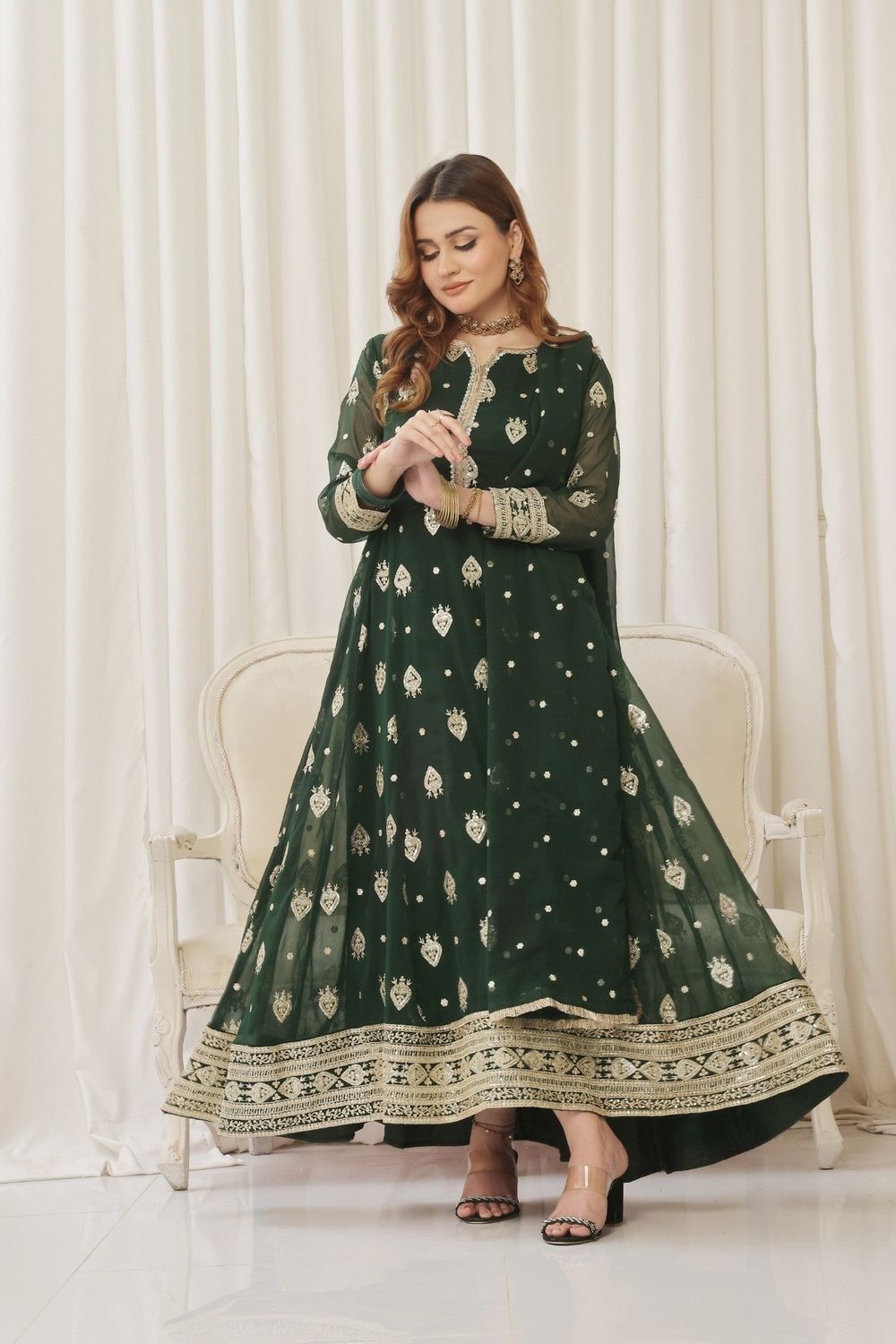 Green Embroidered Chiffon Partywear Suit Online in Dubai UAE Abudhabi Ajman Sharjah