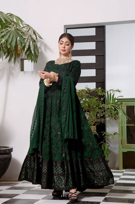 Green Embroidered Chiffon Pishwas Wedding Guest Wear Online in Dubai UAE Abudhabi Ajman Sharjah