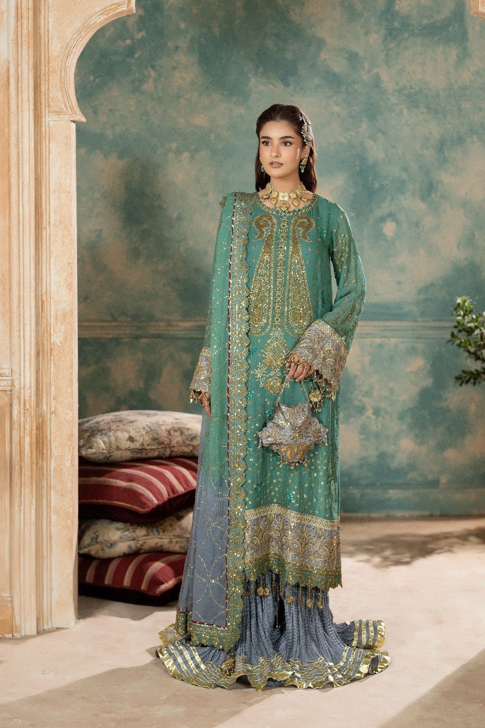 Green Embroidered Chiffon Sharara Suit Online in Dubai UAE Abudhabi Ajman Sharjah