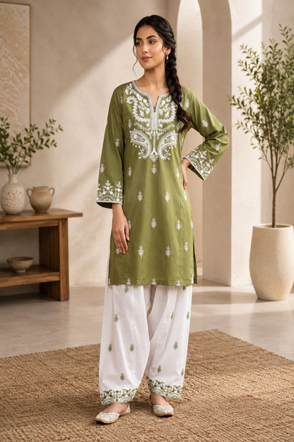 Green Embroidered Cotton Farshi Shalwar Suit Online in Dubai UAE Abudhabi Ajman Sharjah