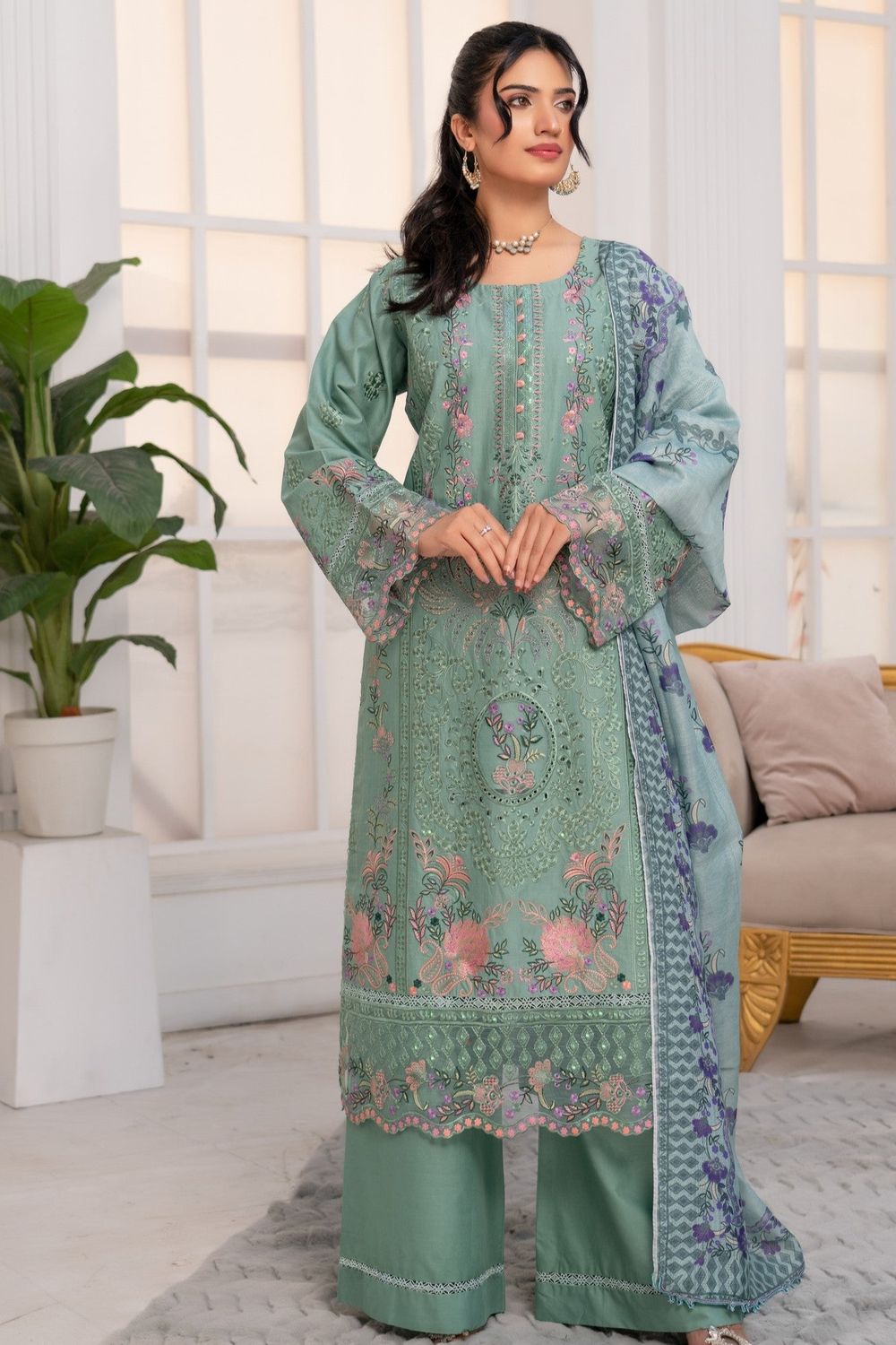 Green Embroidered Festive Lawn Suit Online in Dubai UAE Abudhabi Ajman Sharjah