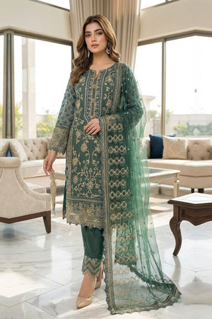 Green Embroidered Jacquard Organza Partywear Suit Online in Dubai UAE Abudhabi Ajman Sharjah