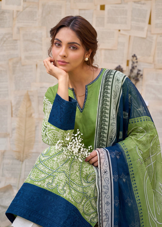 Green Embroidered Lawn 3 Piece Suit Online in Sri Lanka India Australia