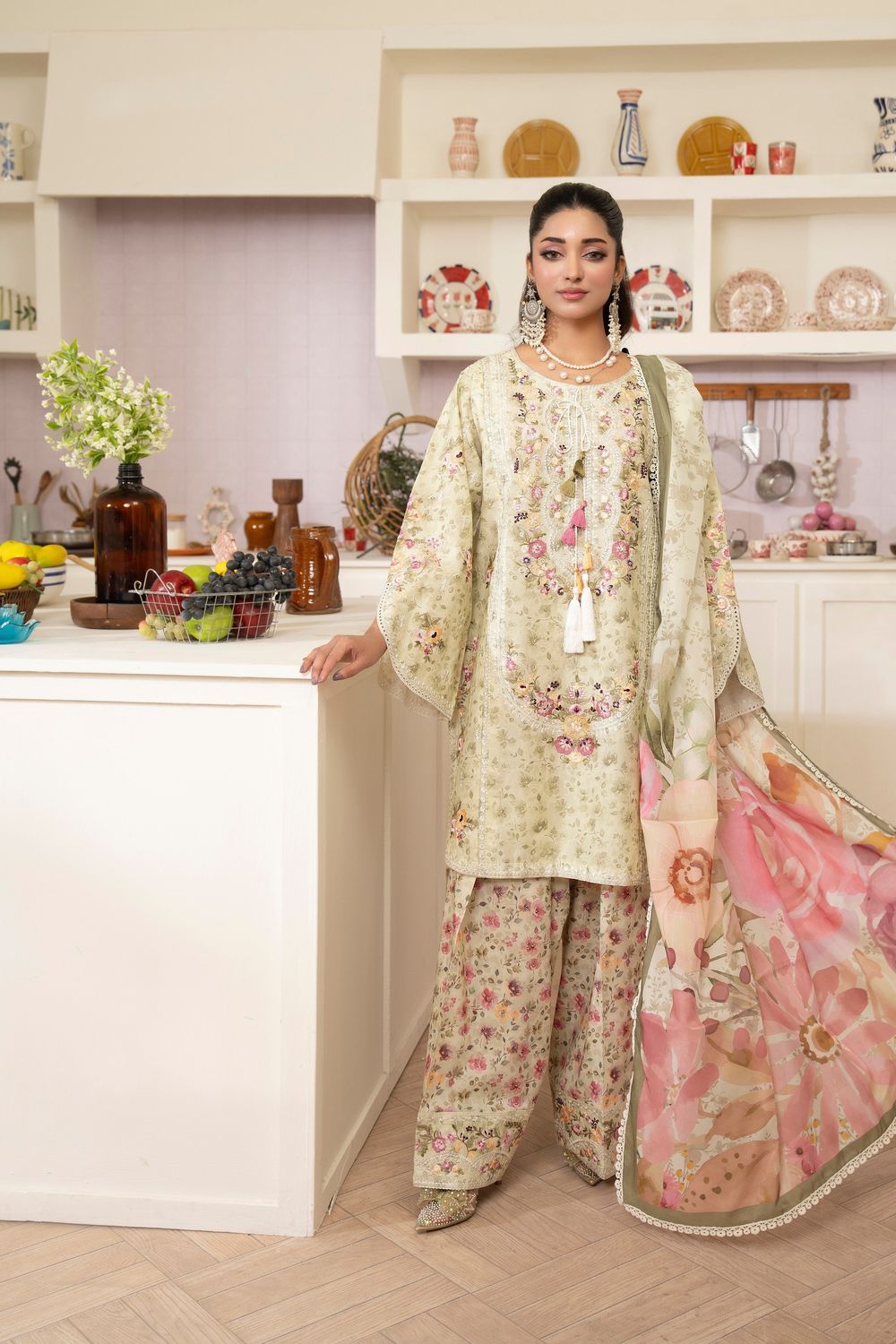 Green Embroidered Lawn Farshi Shalwar Suit Online in Dubai UAE Abudhabi Ajman Sharjah