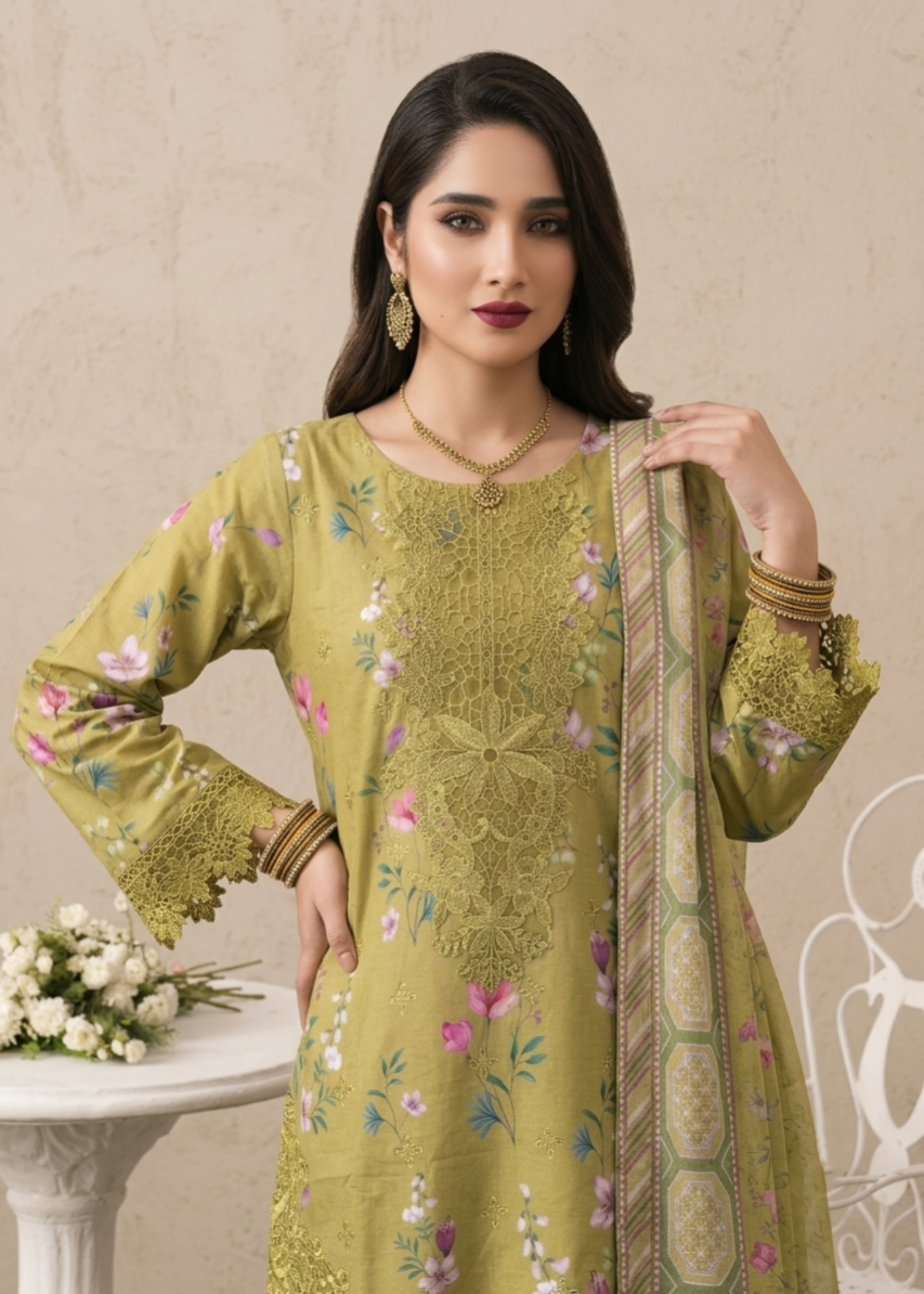 Green Embroidered Lawn Pakistani Suit Online in Dubai DXB UAE Abudhabi Meena Bazaar