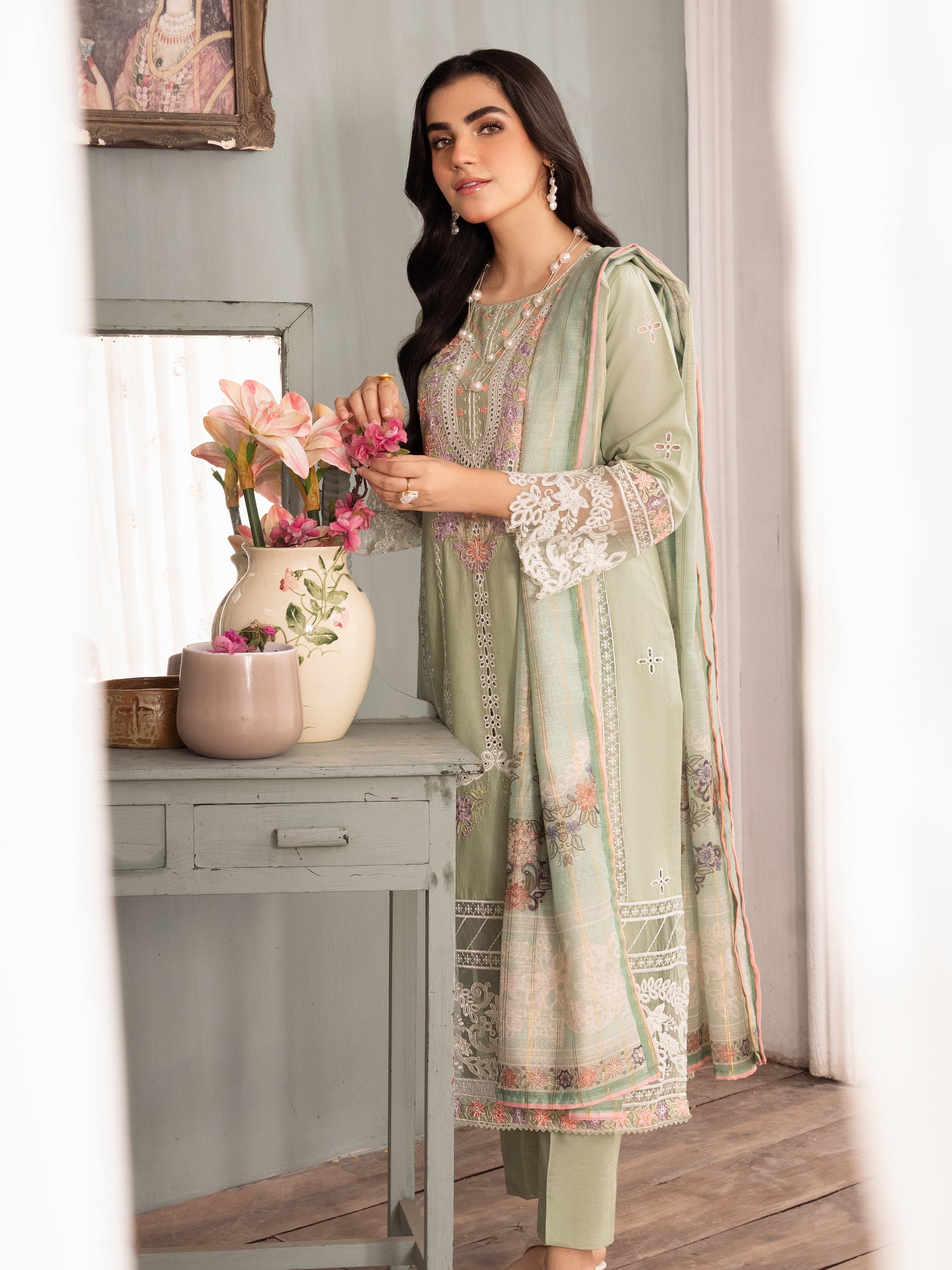 Green Embroidered Lawn Pakistani Suit Online in Dubai DXB UAE Abudhabi Meena Bazaar