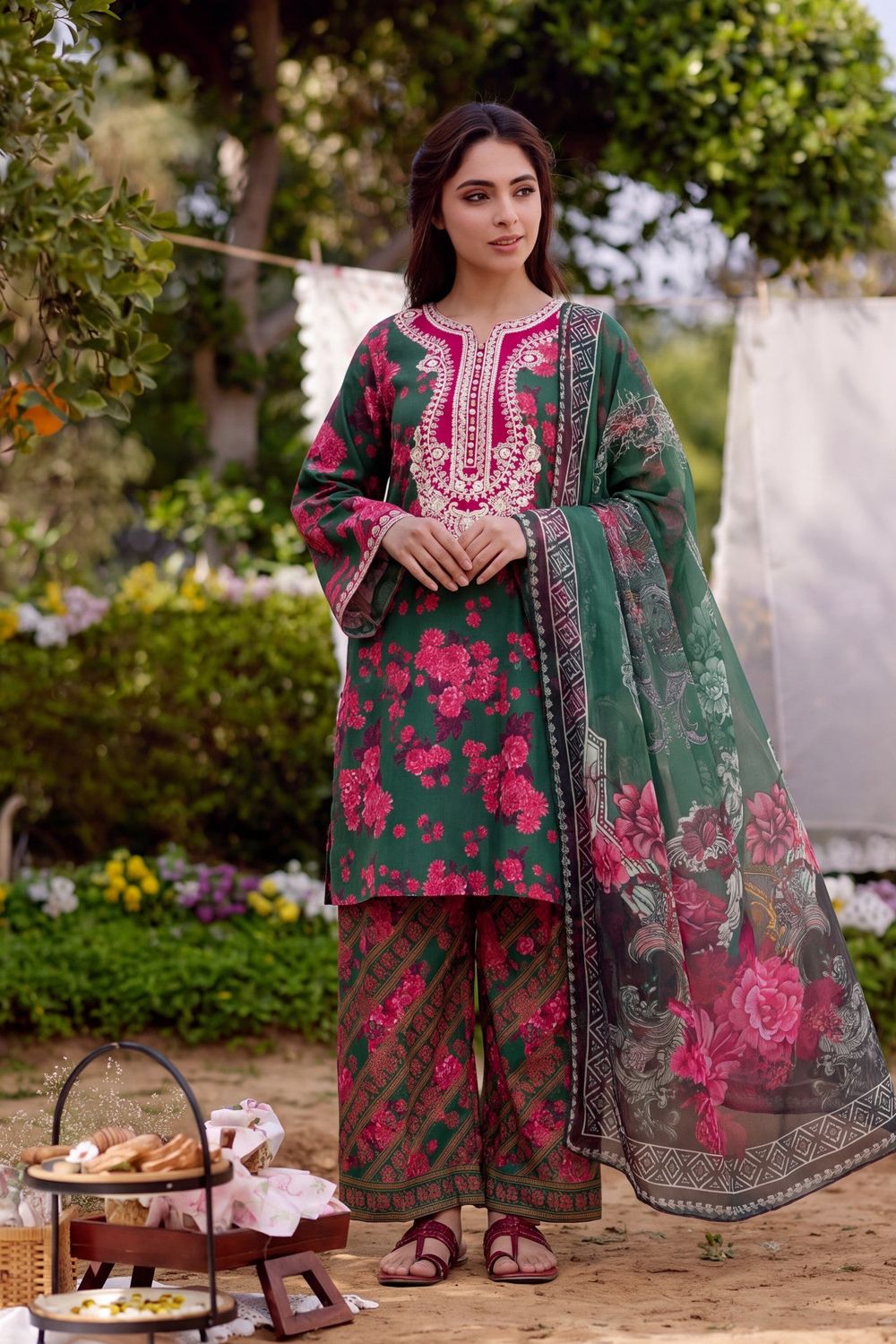 Green Embroidered Lawn Suit Online in Dubai UAE Abudhabi Ajman Sharjah