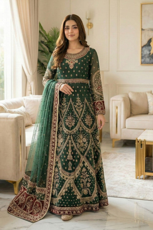 Green Embroidered Net Festive Wear Suit Online in Dubai UAE Abudhabi Ajman Sharjah