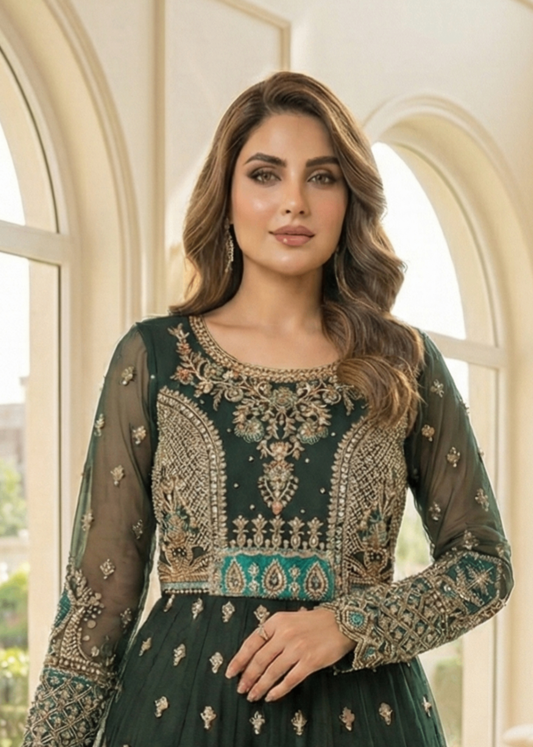 Green Embroidered Organza 3 Piece Suit Online in Dubai DXB UAE Abudhabi Meena Bazaar
