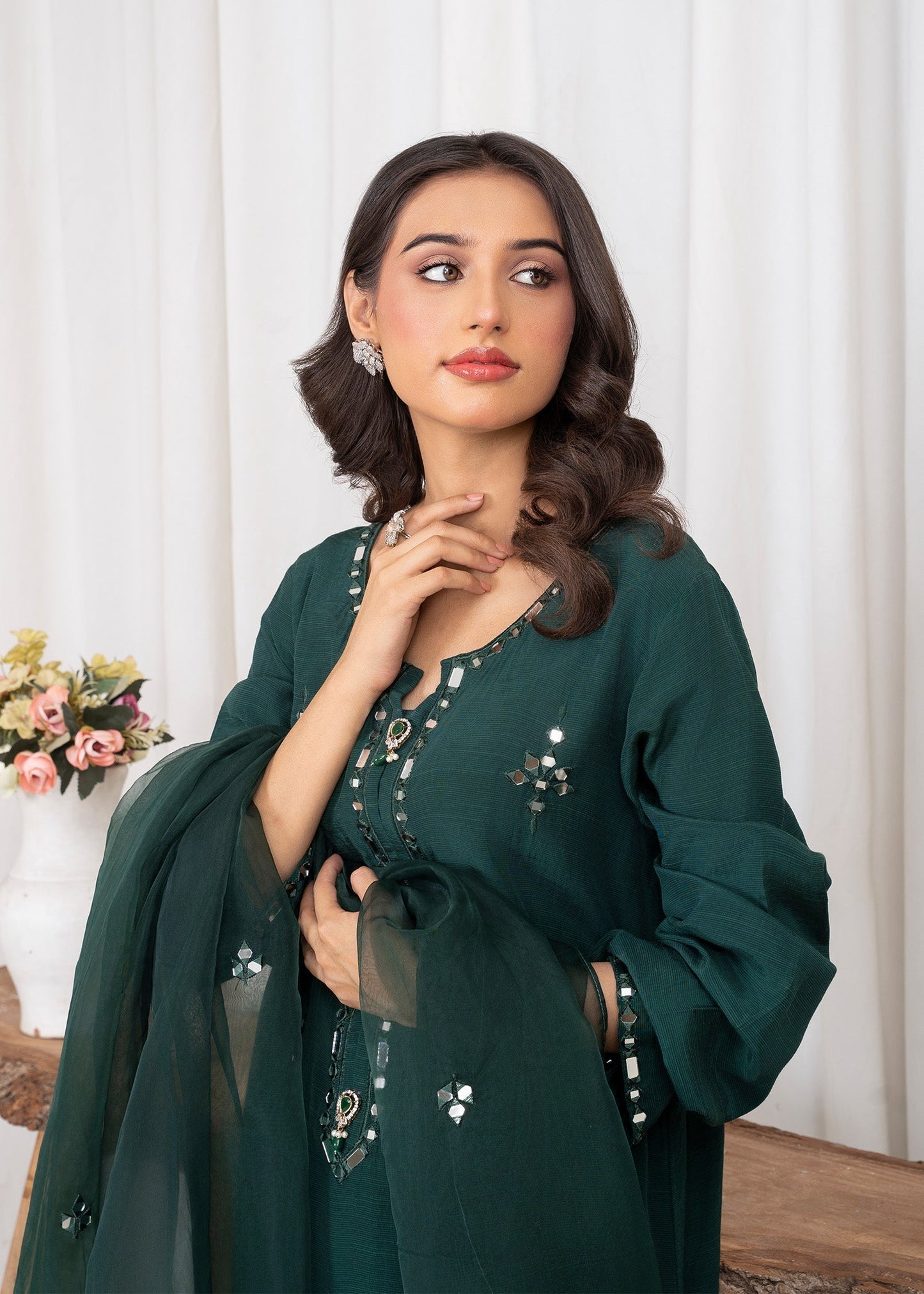 Green Embroidered Organza Dupatta Raw Silk Quollote Suit Online in Sri Lanka India Australia