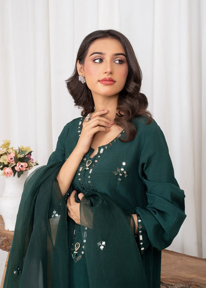 Green Embroidered Organza Dupatta Raw Silk Quollote Suit Online in Sri Lanka India Australia