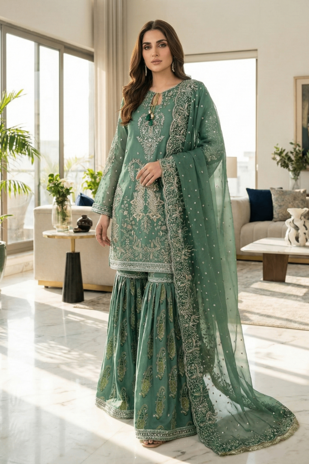 Green Embroidered Organza Festive Gharara Online in Dubai UAE Abudhabi Ajman Sharjah