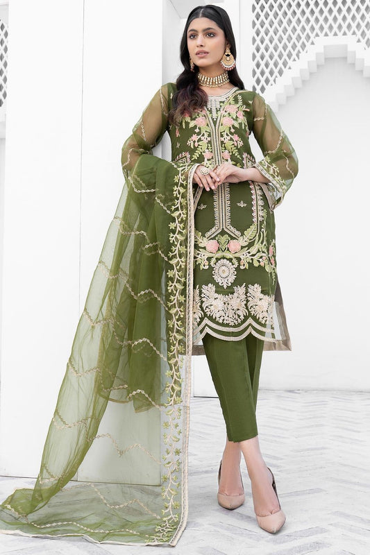 Green Embroidered Organza Festive Suit Online in Dubai UAE Abudhabi Ajman Sharjah