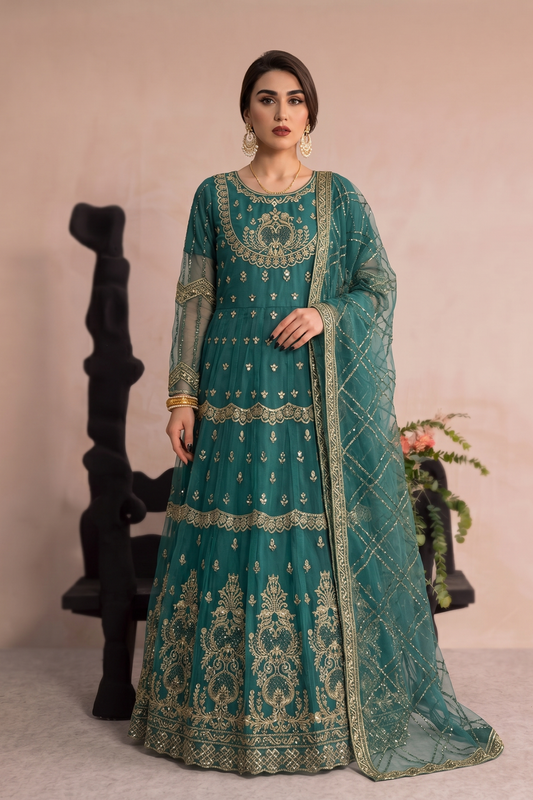 Green Embroidered Organza Festive Suit Online in Dubai UAE Abudhabi Ajman Sharjah