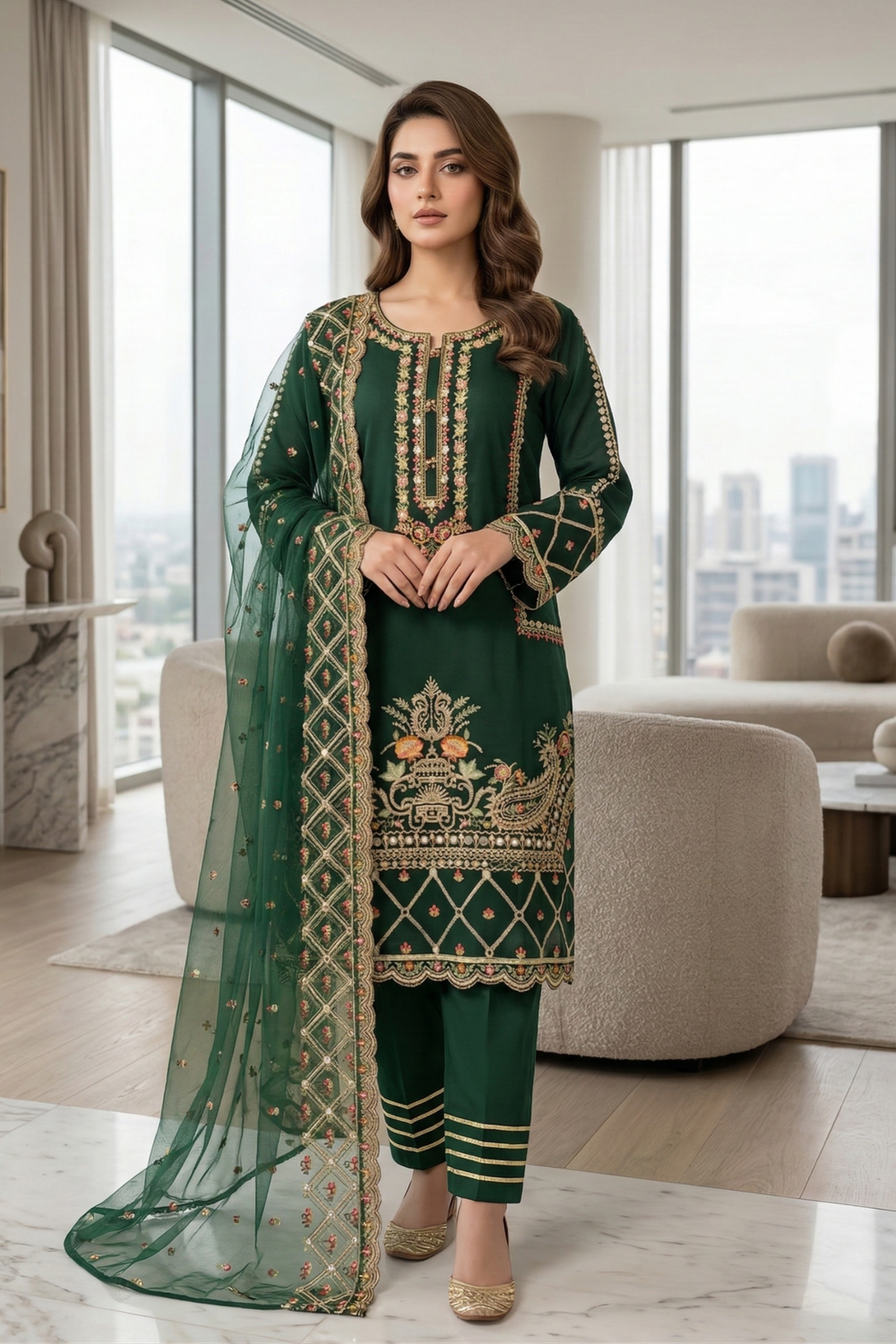 Green Embroidered Organza Festive Suit Online in Dubai UAE Abudhabi Ajman Sharjah