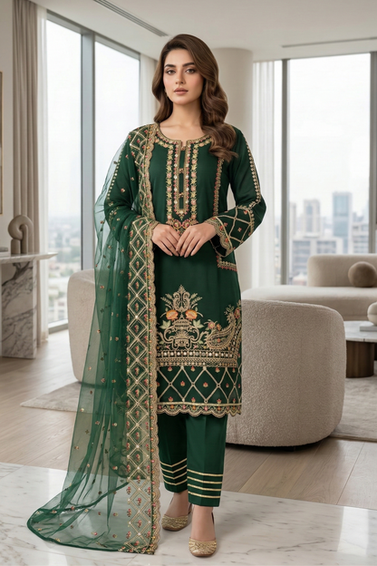 Green Embroidered Organza Festive Suit Online in Dubai UAE Abudhabi Ajman Sharjah