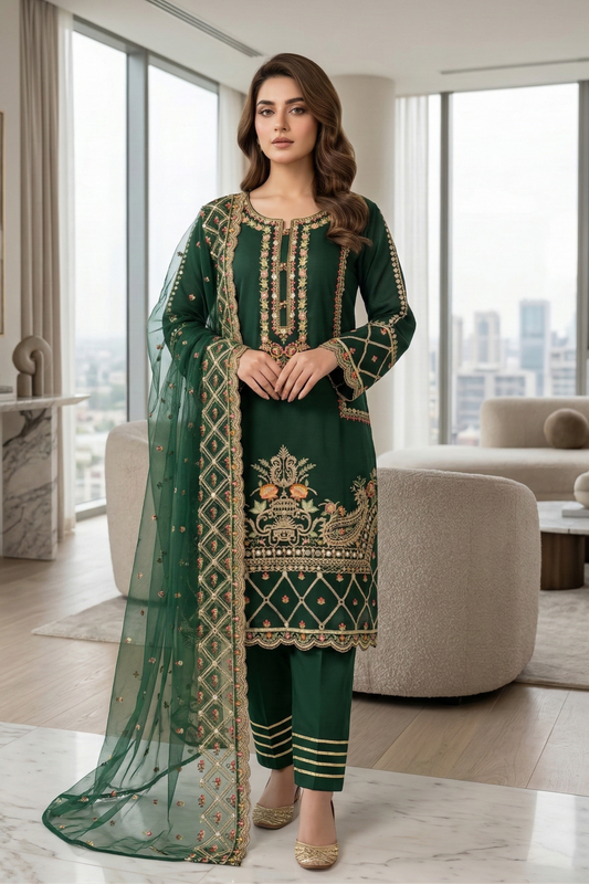 Green Embroidered Organza Festive Suit Online in Dubai UAE Abudhabi Ajman Sharjah