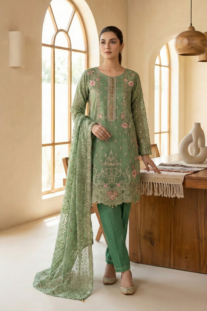 Green Embroidered Organza Festive Wear Suit Online in Dubai UAE Abudhabi Ajman Sharjah