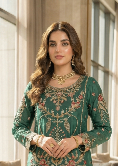 Green Embroidered Organza Gharara Dress Online in Dubai DXB UAE Abudhabi Meena Bazaar