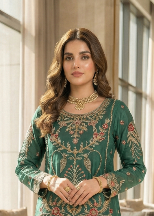 Green Embroidered Organza Gharara Dress Online in Dubai DXB UAE Abudhabi Meena Bazaar