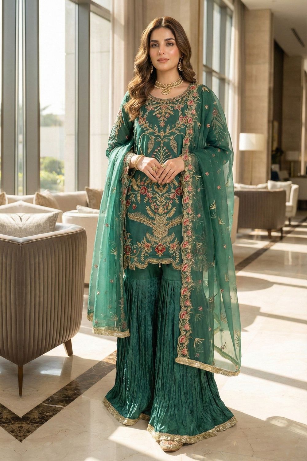Green Embroidered Organza Gharara Suit Online in Dubai UAE Abudhabi Ajman Sharjah