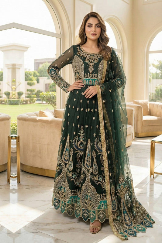 Green Embroidered Organza Partywear Suit Online in Dubai UAE Abudhabi Ajman Sharjah