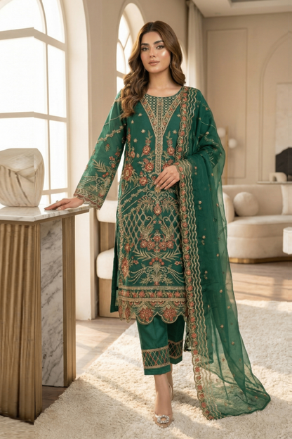 Green Embroidered Organza Partywear Suit Online in Dubai UAE Abudhabi Ajman Sharjah