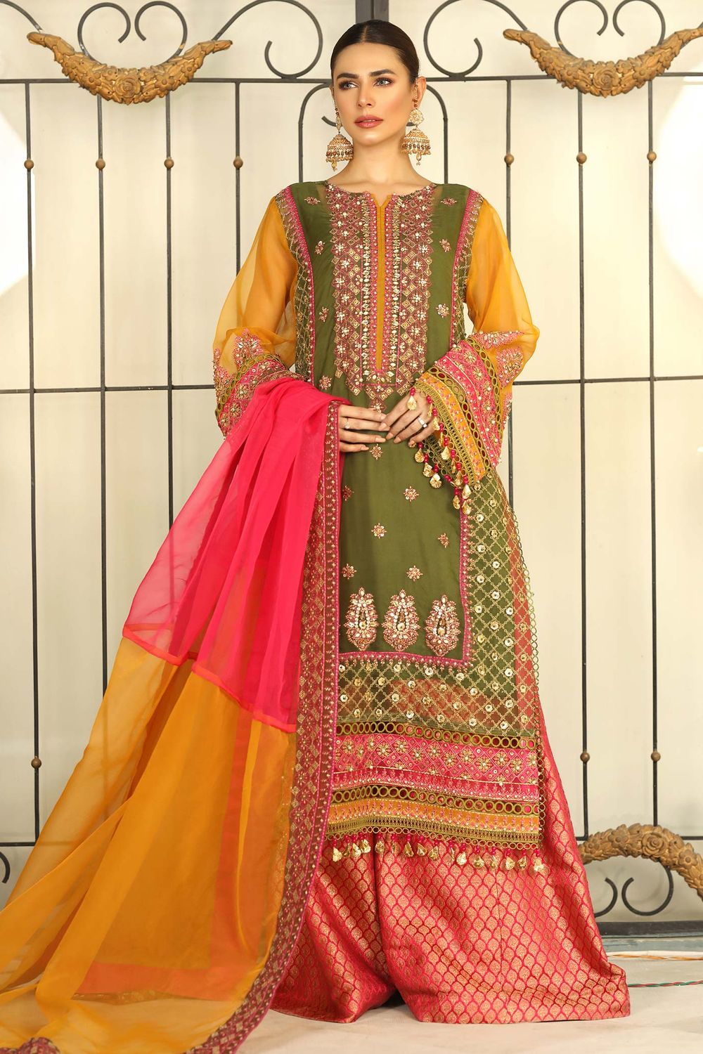 Green Embroidered Organza Sharara Suit Online in Dubai UAE Abudhabi Ajman Sharjah