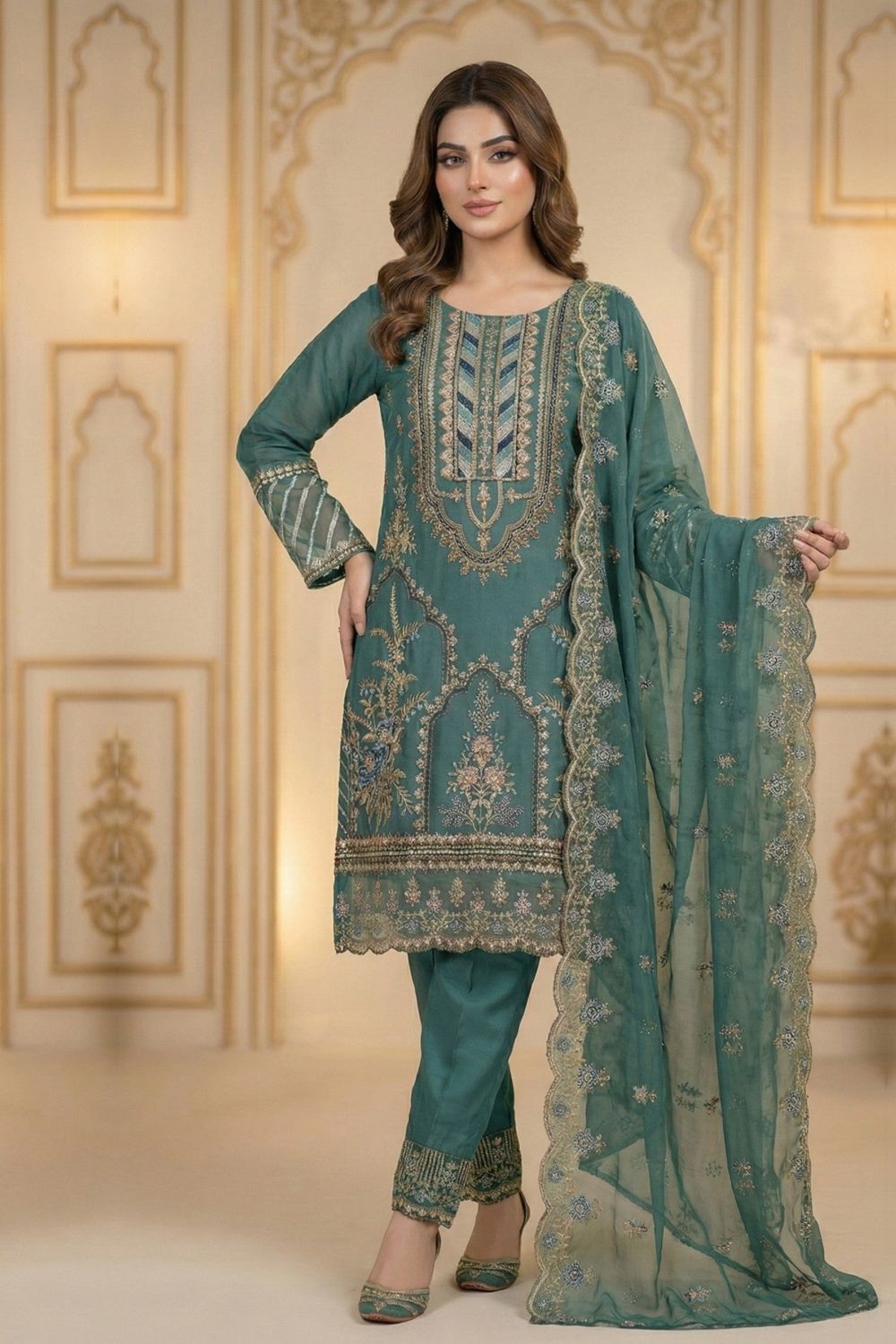 Green Embroidered Organza Straight Kurta Suit Online in Dubai UAE Abudhabi Ajman Sharjah