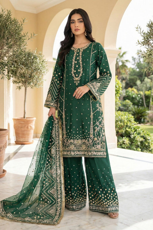 Green Embroidered Raw Silk Partywear Salwar Kameez Online in Dubai UAE Abudhabi Ajman Sharjah