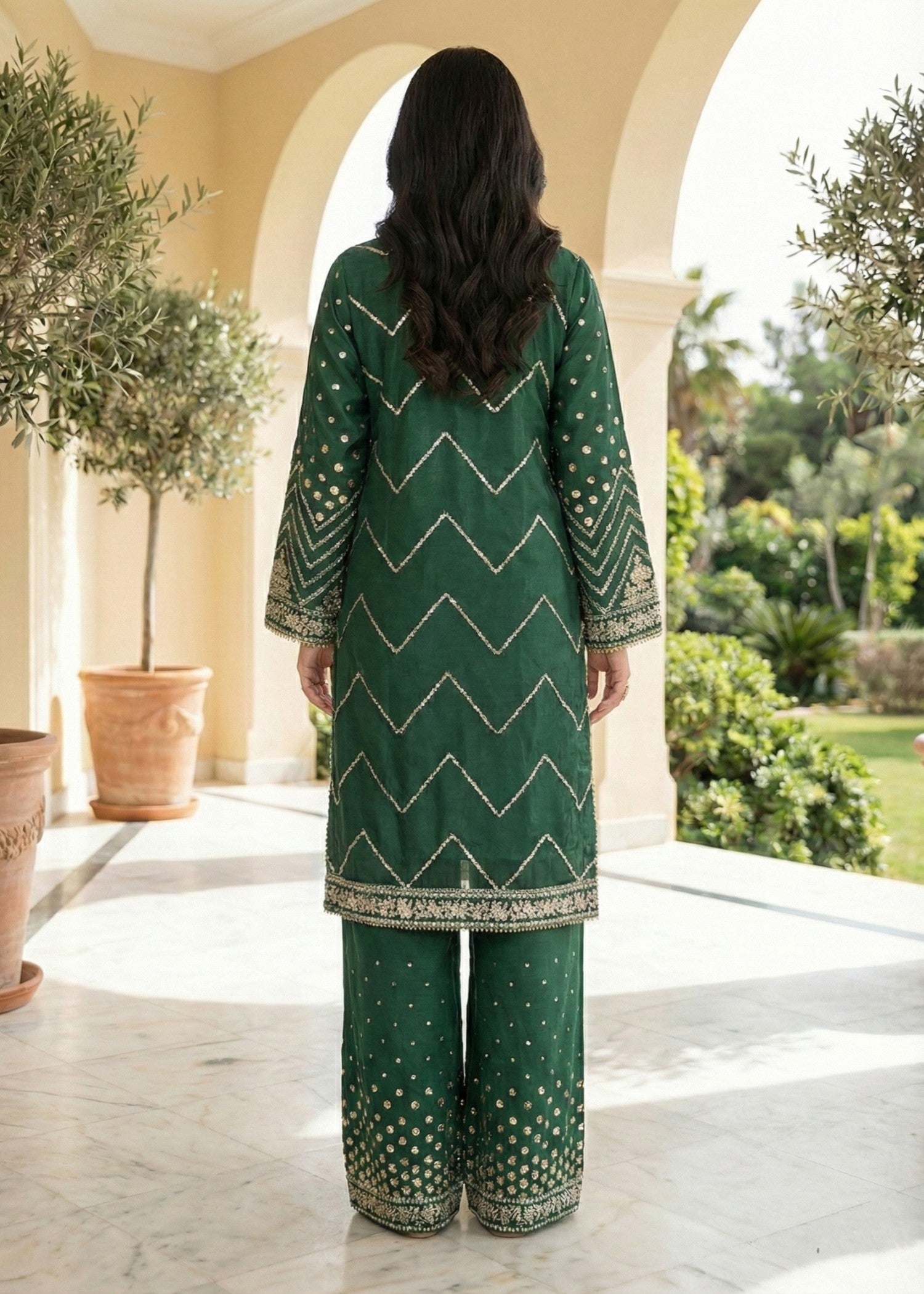 Green Embroidered Raw Silk Three Piece Suit Online in Dubai UAE Abudhabi Ajman Sharjah