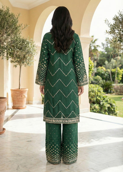 Green Embroidered Raw Silk Three Piece Suit Online in Dubai UAE Abudhabi Ajman Sharjah