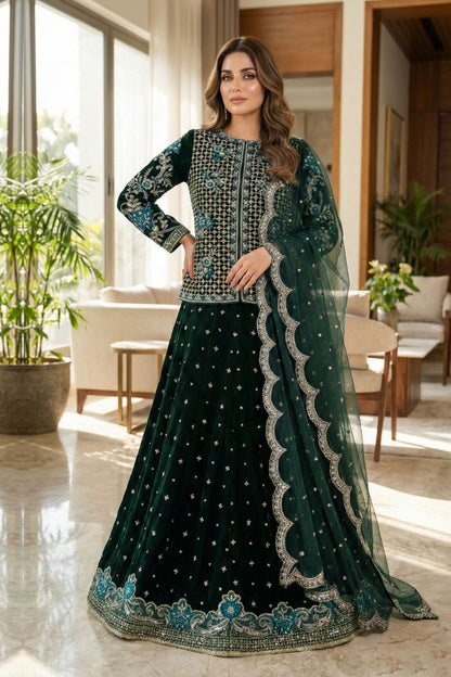 Green Embroidered Velvet Lehenga Choli Online in Dubai UAE Abudhabi Ajman Sharjah