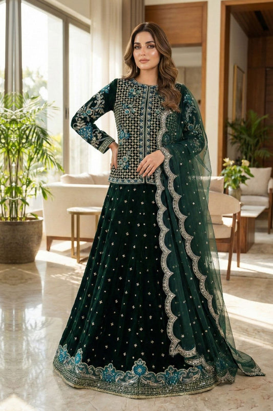 Green Embroidered Velvet Lehenga Choli Online in Dubai UAE Abudhabi Ajman Sharjah