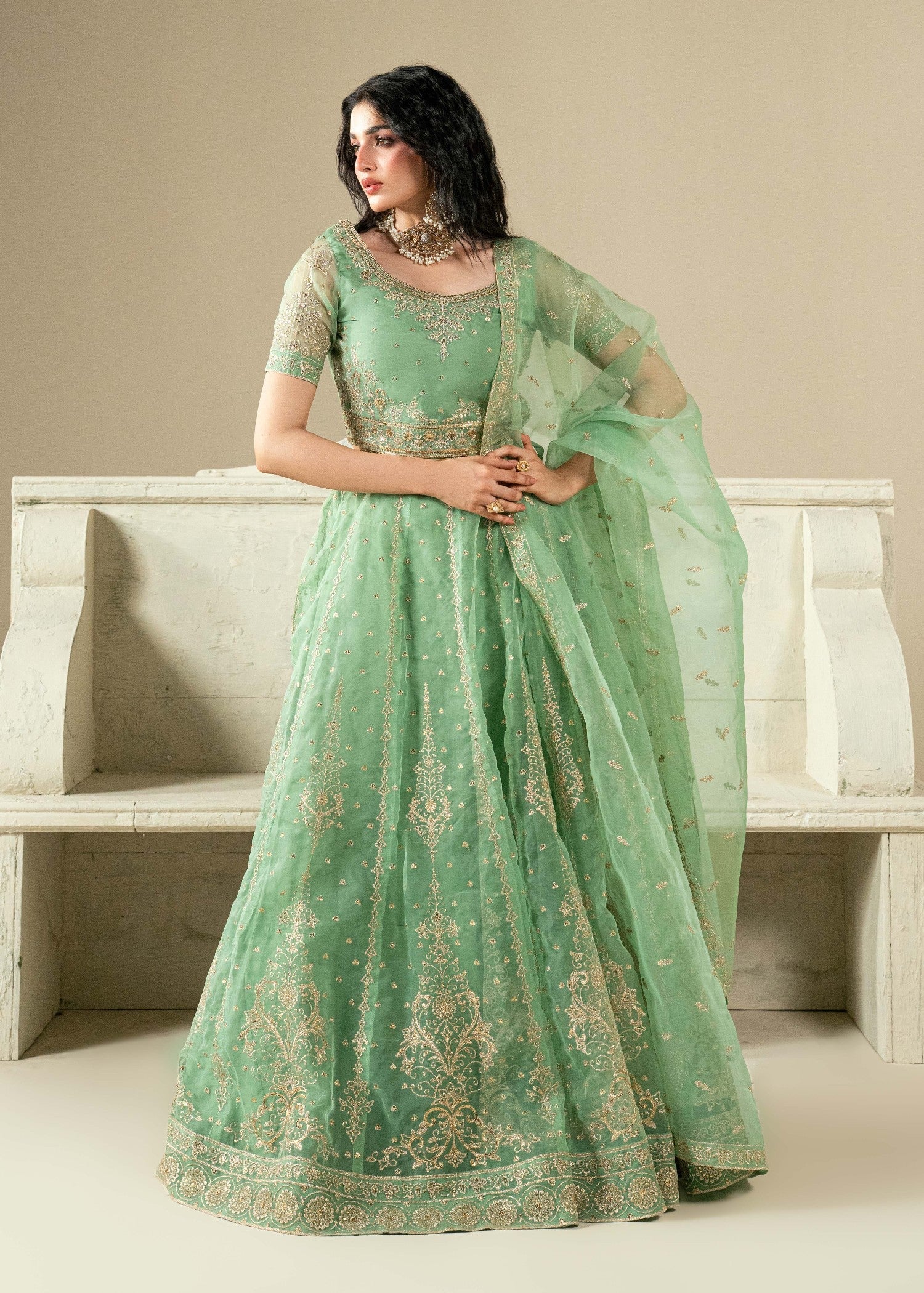 Green Embroidered Wedding Lehenga Online in Dubai DXB UAE Abudhabi Meena Bazaar
