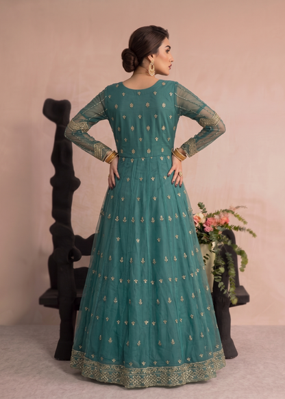 Green Festive Wear Organza Suit Online in Dubai UAE Abudhabi Ajman Sharjah