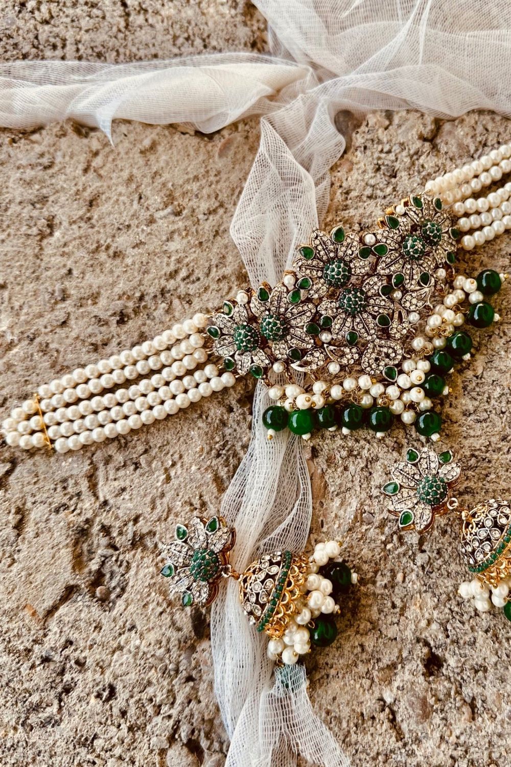 Green Gold Plated Choker Earrings Tikka Set Online in Dubai UAE Abudhabi Ajman Sharjah