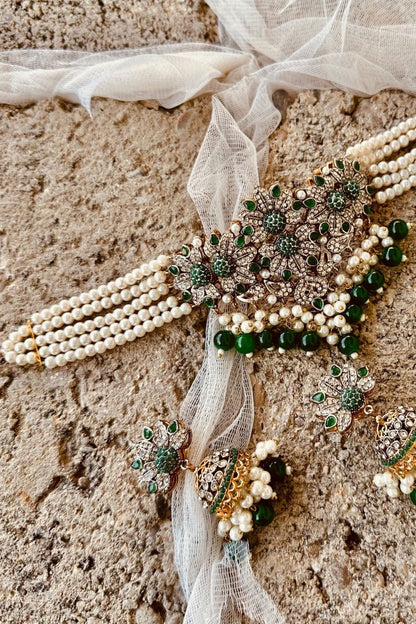 Green Gold Plated Choker Earrings Tikka Set Online in Dubai UAE Abudhabi Ajman Sharjah