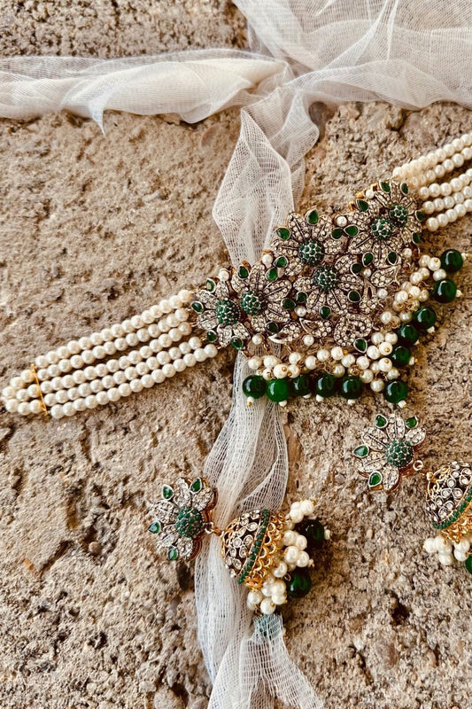Green Gold Plated Choker Earrings Tikka Set Online in Dubai UAE Abudhabi Ajman Sharjah