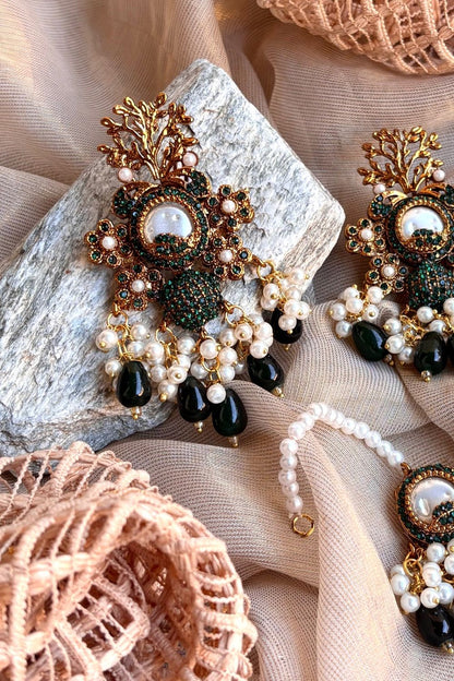 Green Gold Plated Seraya Earrings and Tikka Set Online in Dubai UAE Abudhabi Ajman Sharjah