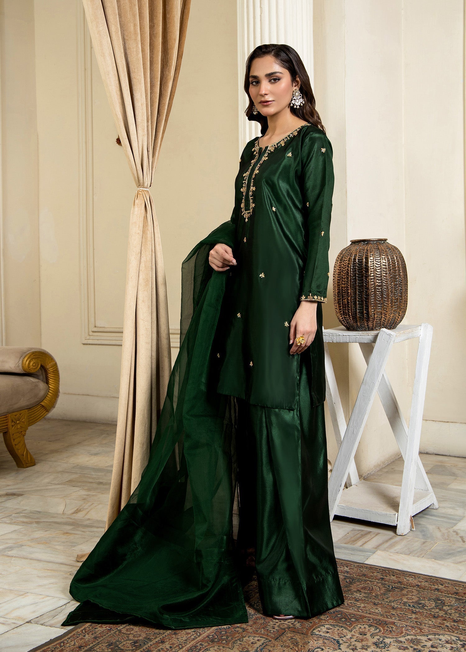 Green Hand Embellished Festive Wear Farshi Shalwar Online in Sri Lanka India Australia